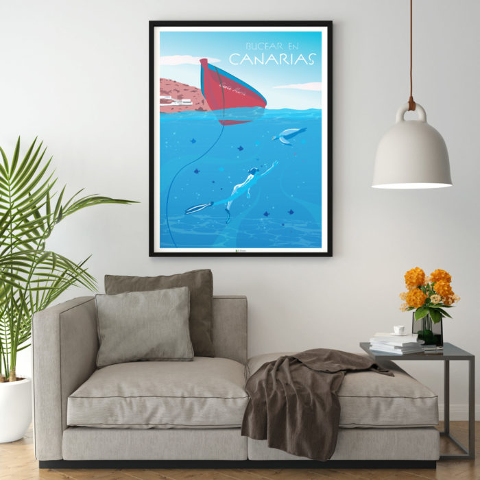 Cartel el poster bucear Canarias decoracion interior marco madera