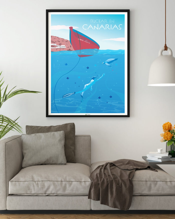 Cartel el poster bucear Canarias decoracion interior marco madera