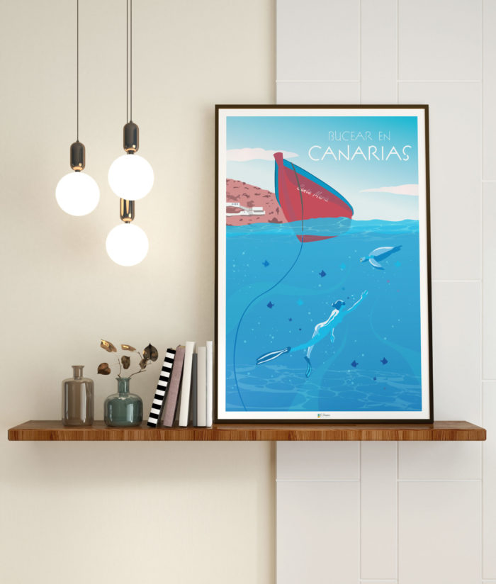 Cartel el poster bucear Canarias decoracion interior marco madera