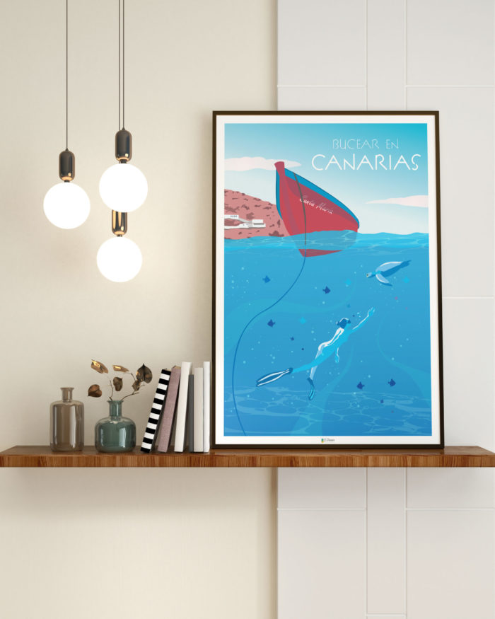 Cartel el poster bucear Canarias decoracion interior marco madera