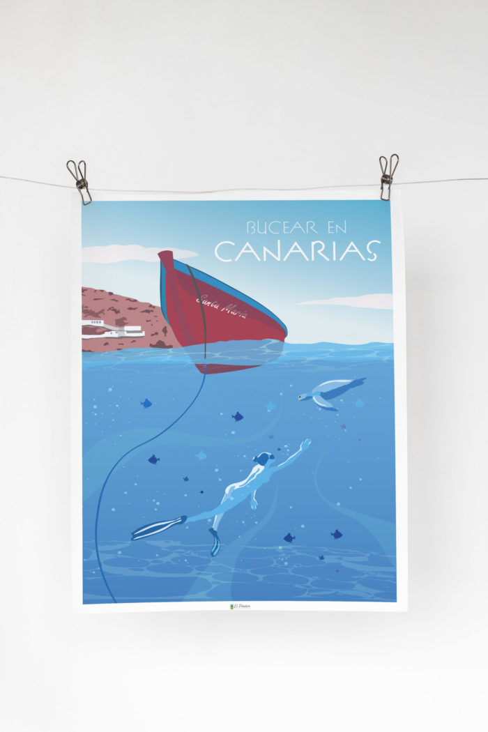 Cartel el poster bucear Canarias decoracion interior marco madera