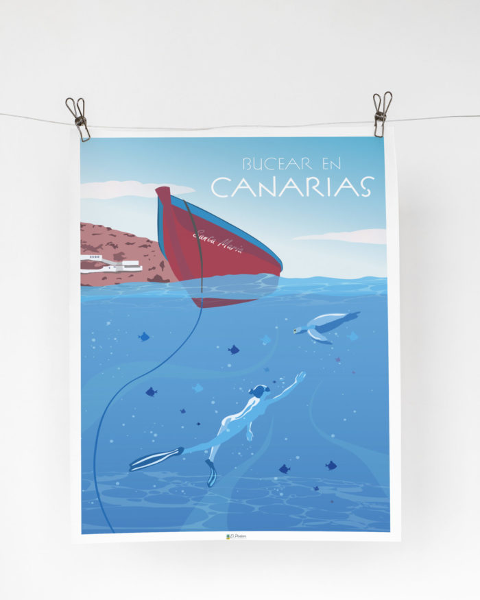 Cartel el poster bucear Canarias decoracion interior marco madera