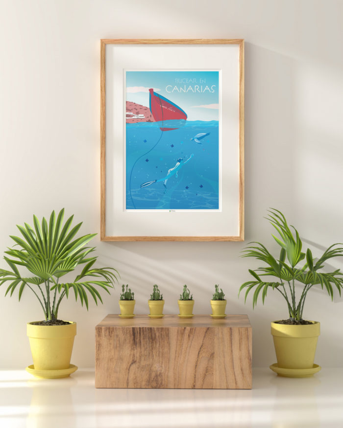 Cartel el poster bucear Canarias decoracion interior marco madera