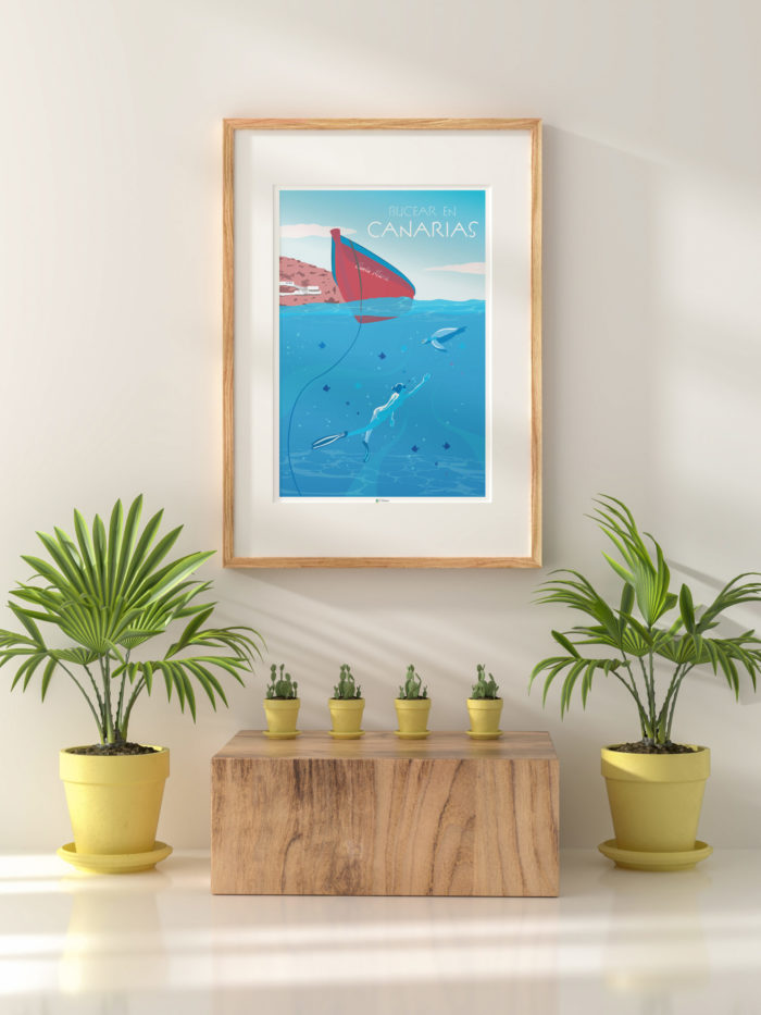 Cartel el poster bucear Canarias decoracion interior marco madera