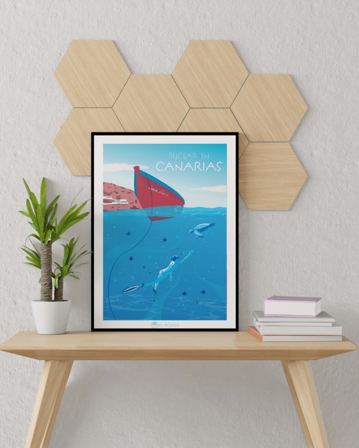Cartel el poster bucear Canarias decoracion interior marco madera