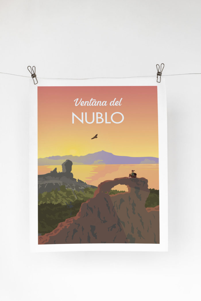 Cartel el póster ventana montaña roque nublo teide puesta de sol