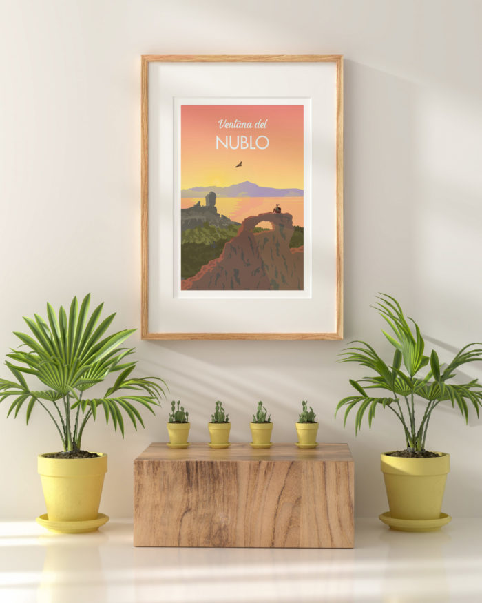 Cartel el póster ventana montaña roque nublo teide puesta de sol marco de madera decoracion