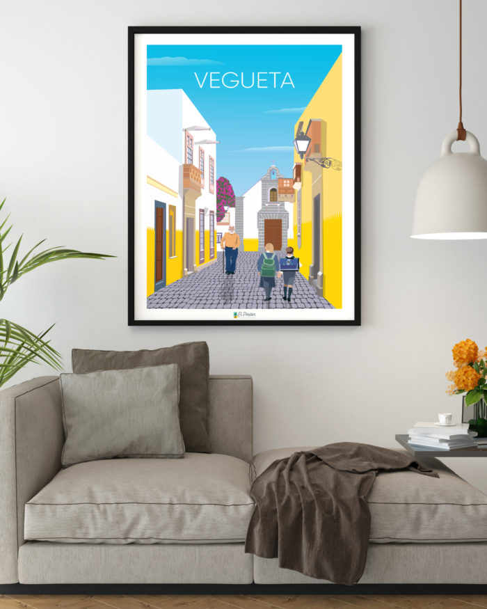 Affiche El Póster vegueta escolares casa blanca amarilla calle cristobal colón sofa sala de estar decoracion