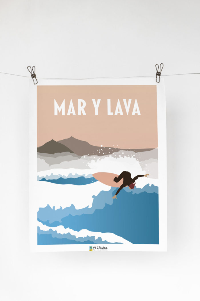 poster decorativo vintage grafico mar y lava gran canaria surf azul y rosa sobre pinzas