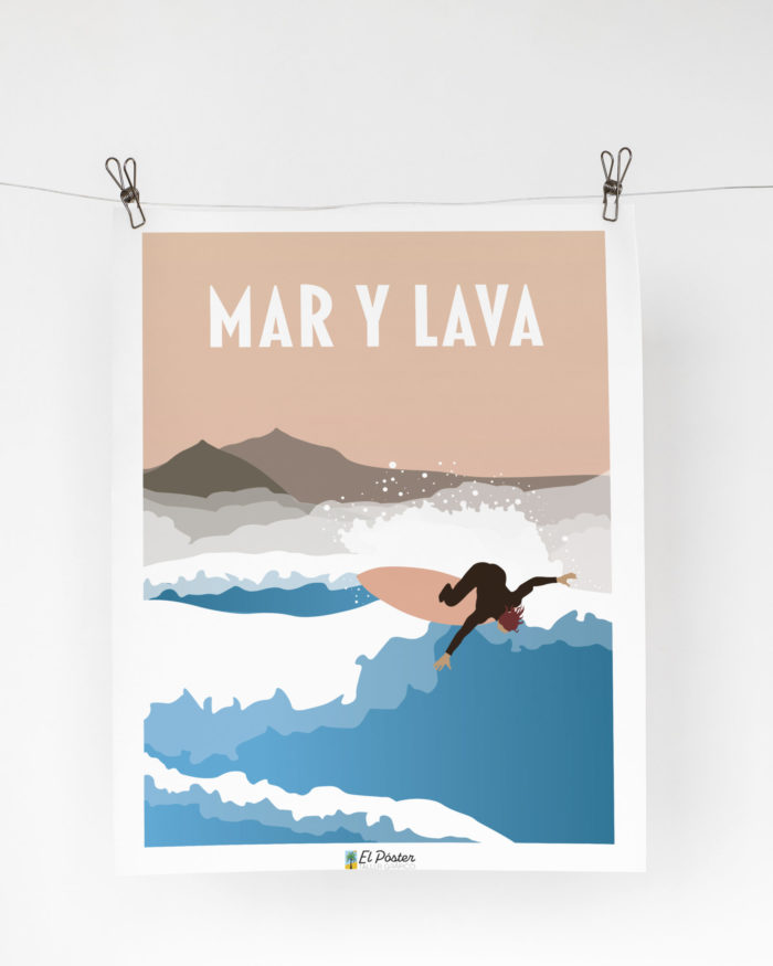 poster decorativo vintage grafico mar y lava gran canaria surf azul y rosa sobre pinzas