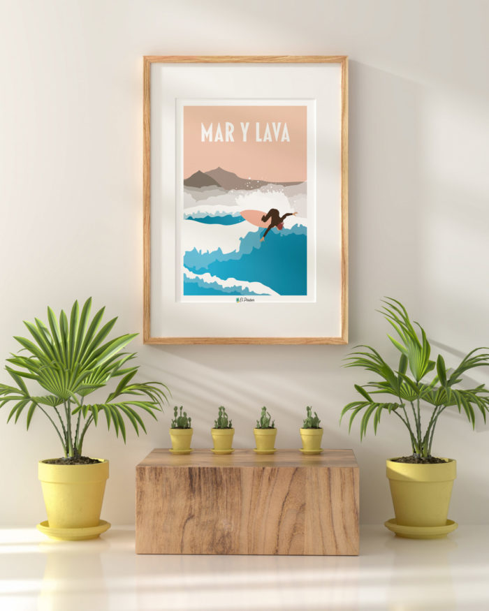 poster decorativo vintage grafico mar y lava gran canaria surf azul y rosa