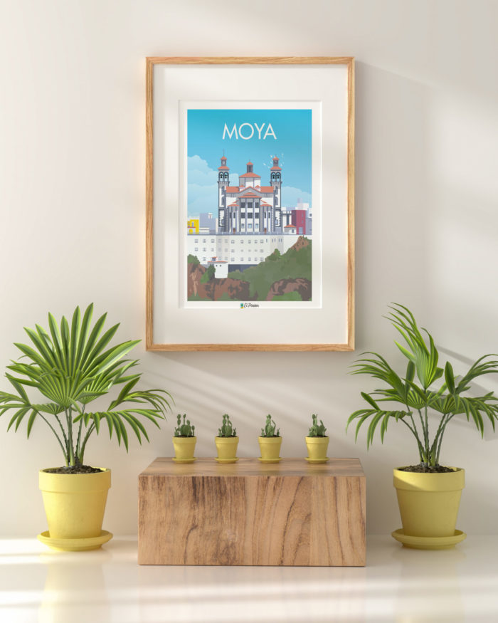 Poster vintage decorativo pueblo Moya gran canaria arboles cielo azul