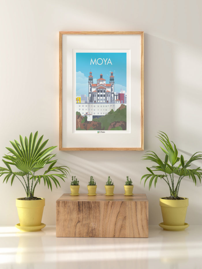 Poster vintage decorativo pueblo Moya gran canaria arboles cielo azul
