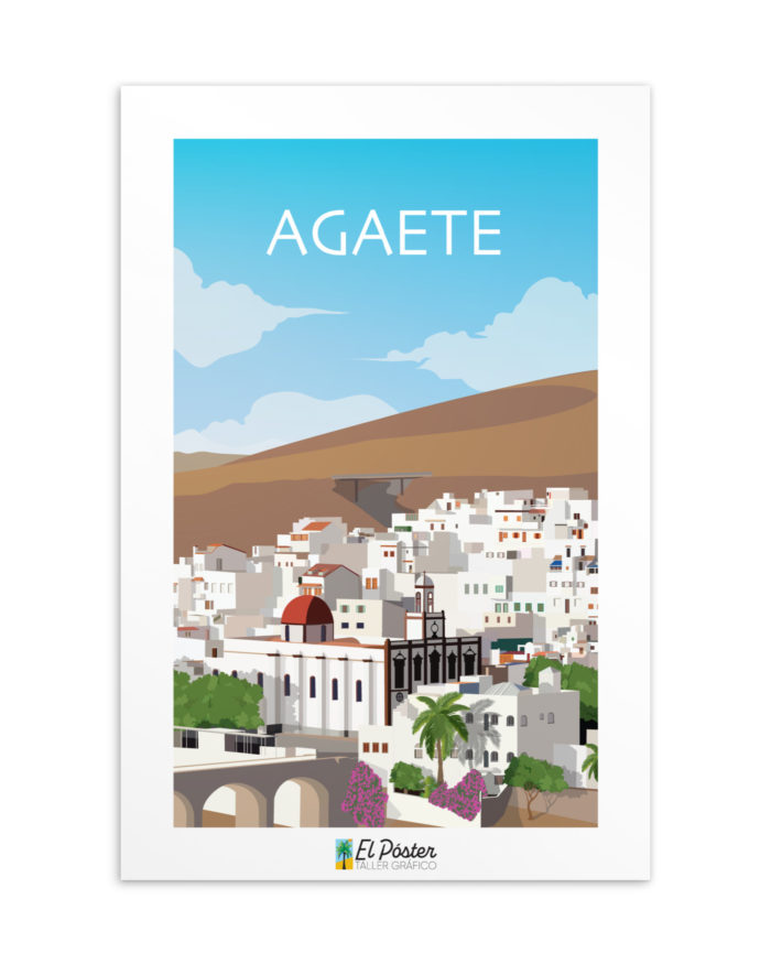 Tarjeta decorativa del pueblo blanco de AGAETE en Gran Canaria con estilo vintage