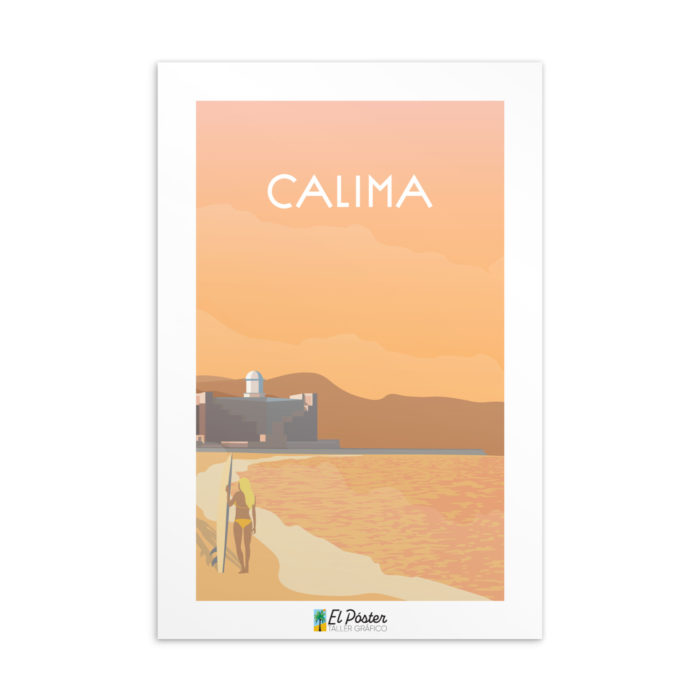 Tarjeta decorativa de la calima en Las Palmas de Gran canaria con surfer y el amphiteatro y mar