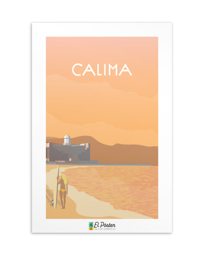 Tarjeta decorativa de la calima en Las Palmas de Gran canaria con surfer y el amphiteatro y mar