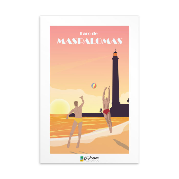Tarjeta decorativa del faro de Maspalomas con jugadores de volley ball y faro en puesta de sol y mar