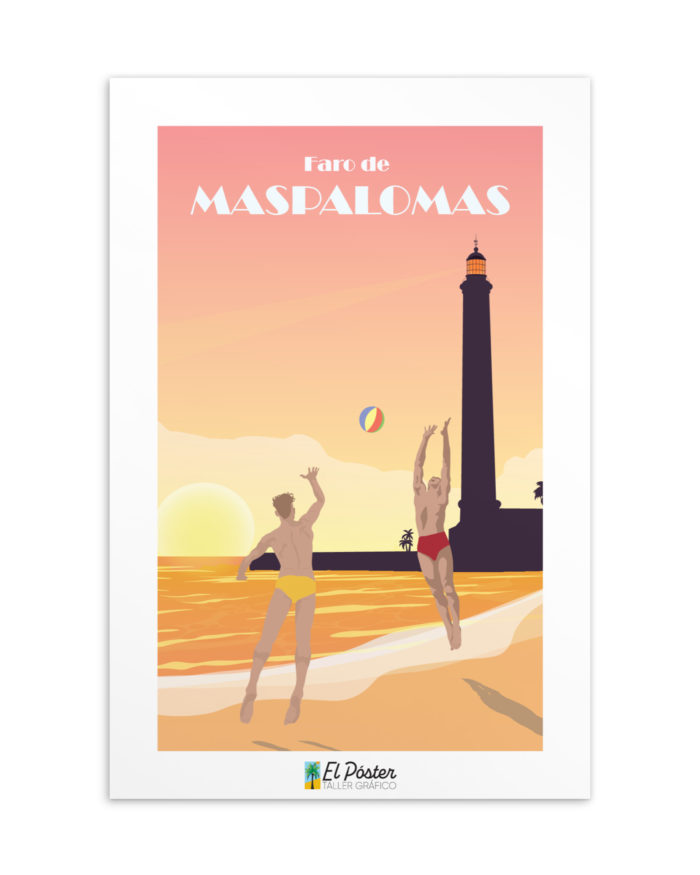 Tarjeta decorativa del faro de Maspalomas con jugadores de volley ball y faro en puesta de sol y mar
