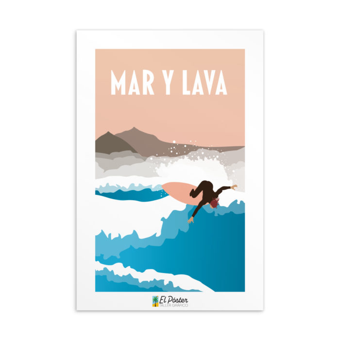 Tarjeta decorativa Mar y Lava con teide y Galdar en Gan canaria con Surfer en ola durante puesta de sol