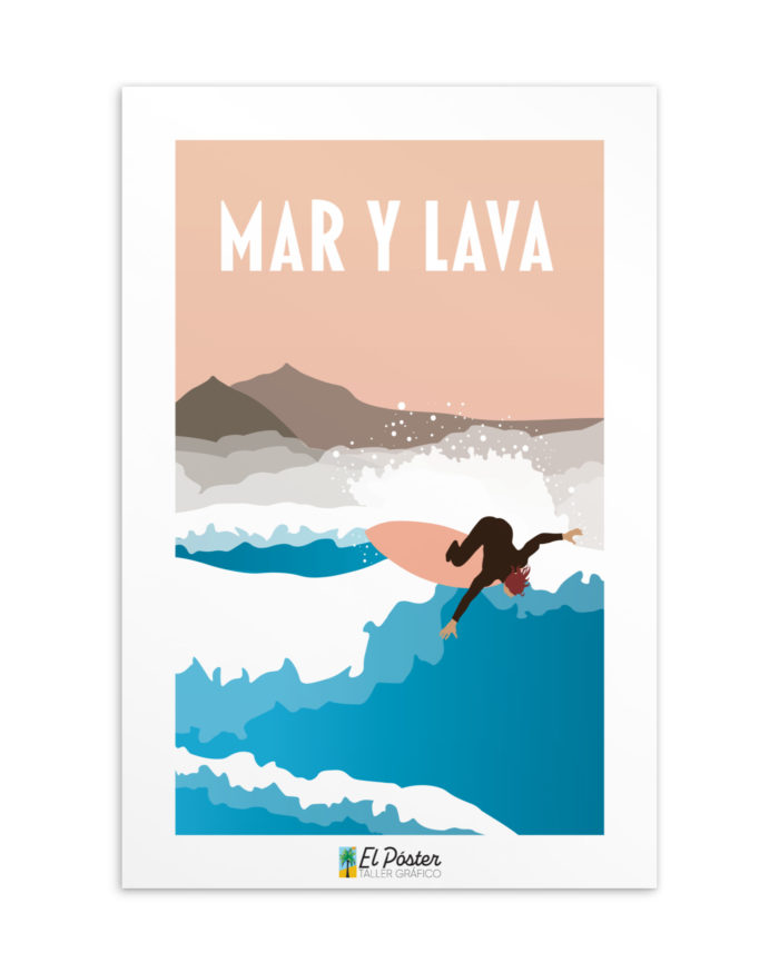 Tarjeta decorativa Mar y Lava con teide y Galdar en Gan canaria con Surfer en ola durante puesta de sol