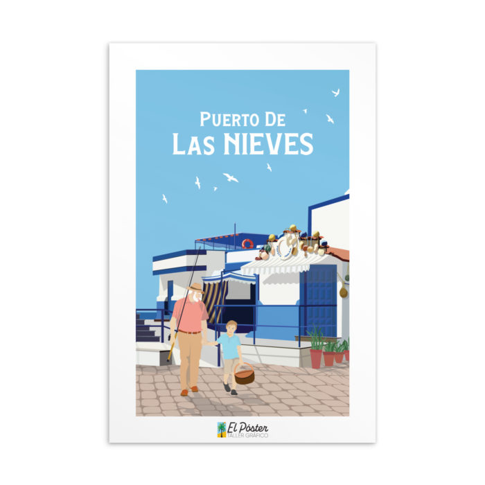 Tarjeta decorativa del pueblo marinero blanco y azulde Gran Canaria Puerto de las nieves con pescadores