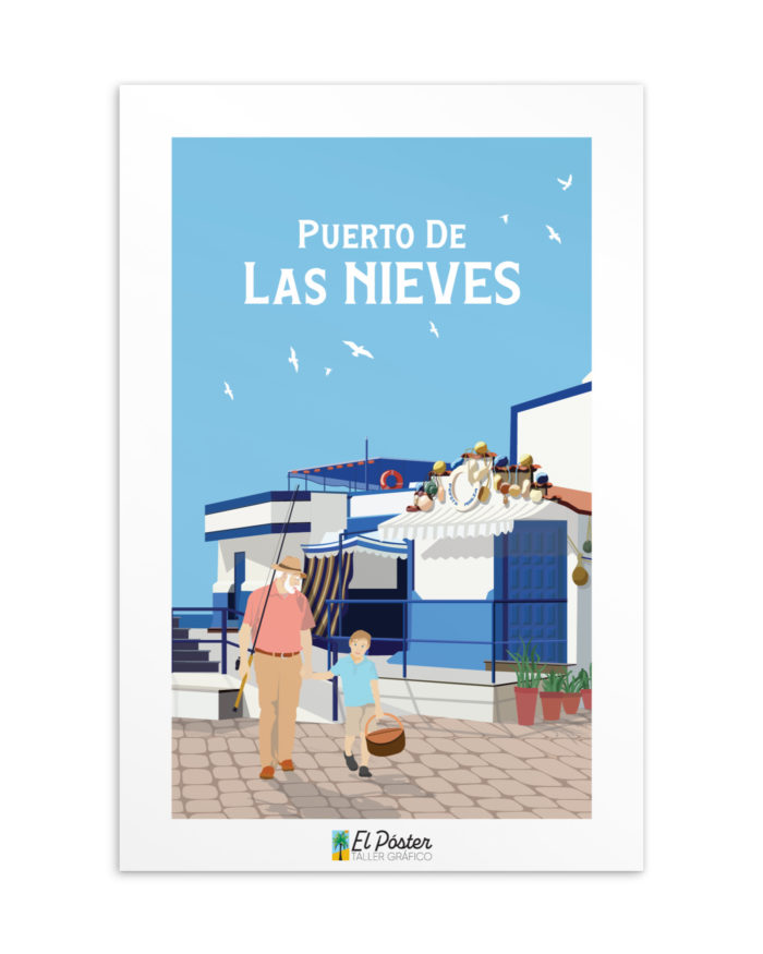 Tarjeta decorativa del pueblo marinero blanco y azulde Gran Canaria Puerto de las nieves con pescadores