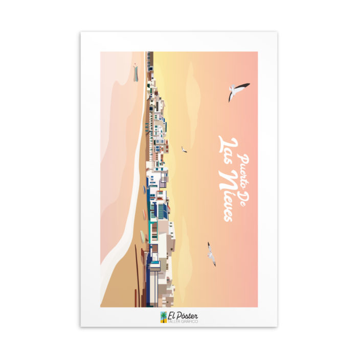 Tarjeta decorativa del pueblo blanco y azulde Gran canaria Puerto de las nieves con mar y barco