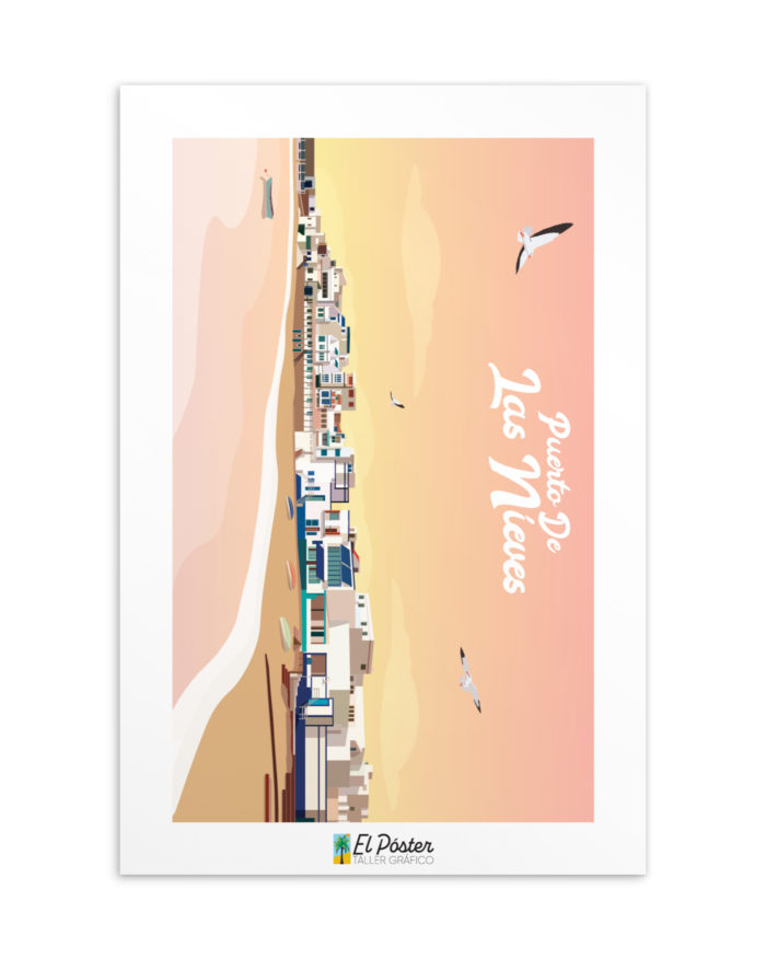 Tarjeta decorativa del pueblo blanco y azulde Gran canaria Puerto de las nieves con mar y barco