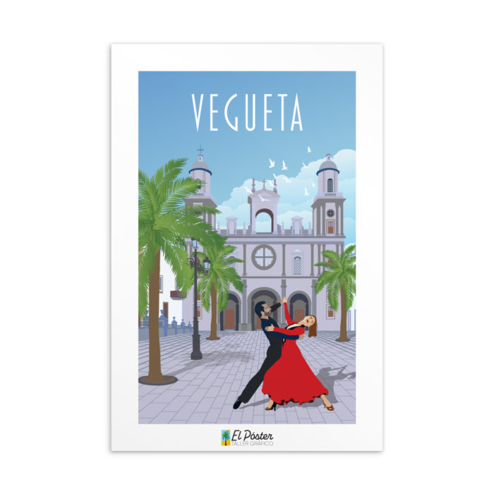 Tarjeta decorativa de Vegueta en Gran canaria y su catedral con bailadores de tango