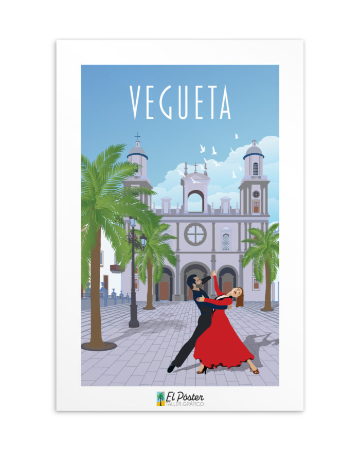 Tarjeta decorativa de Vegueta en Gran canaria y su catedral con bailadores de tango