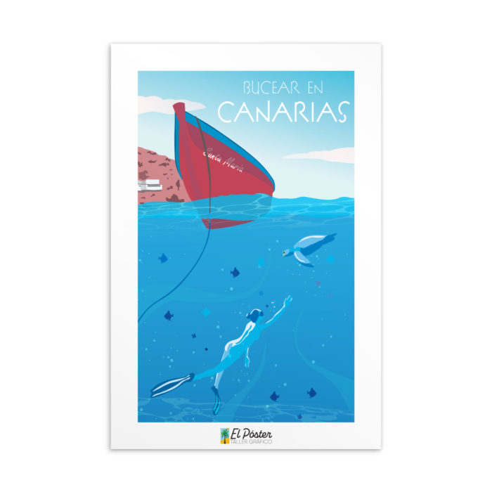 Tarjeta decorativa Bucear en canarias barco rojo mar buceando tortuga