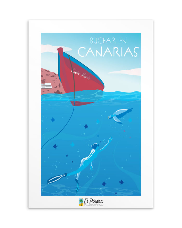 Tarjeta decorativa Bucear en canarias barco rojo mar buceando tortuga