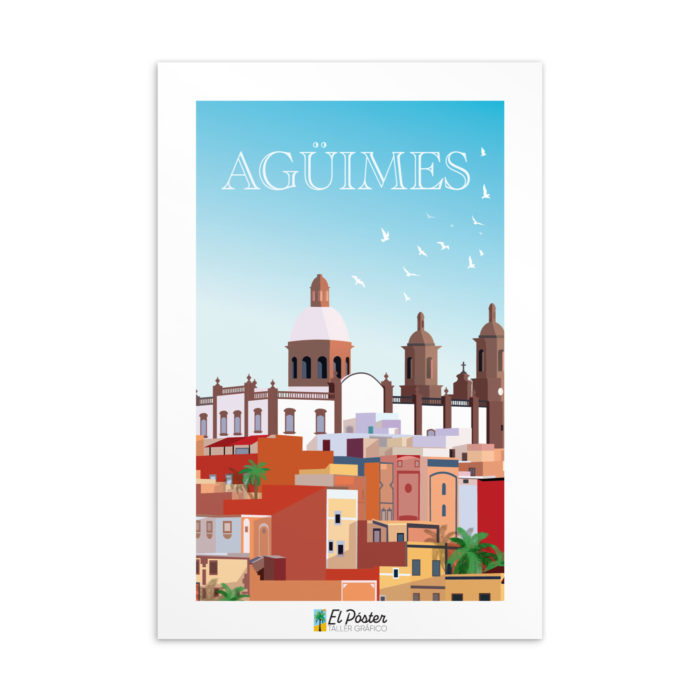 Tarjeta decorativa del pueblo historico con su iglesia Agüimes en Gran Canaria