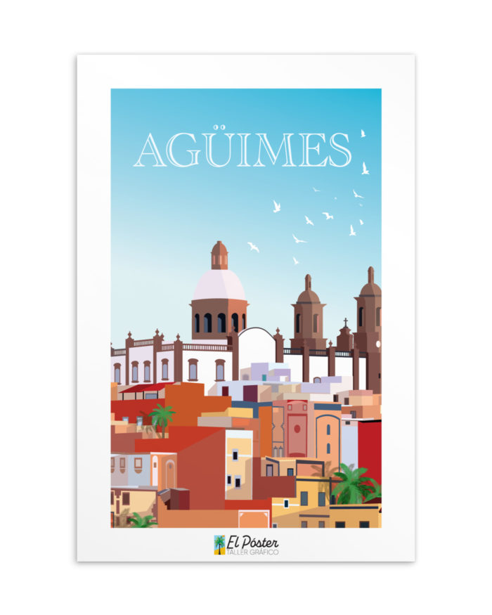 Tarjeta decorativa del pueblo historico con su iglesia Agüimes en Gran Canaria