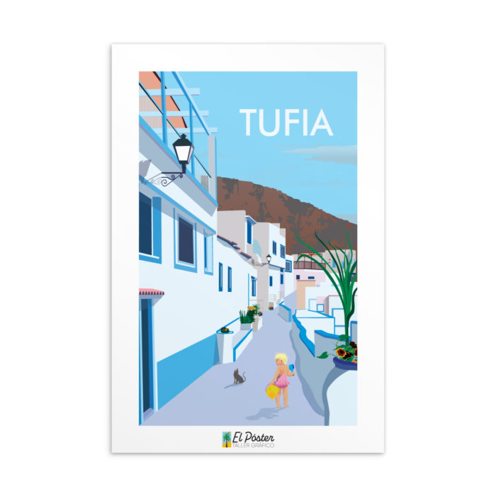 Tarjeta decorativa del pueblo blanco y azul de Tufia en Gran Canaria
