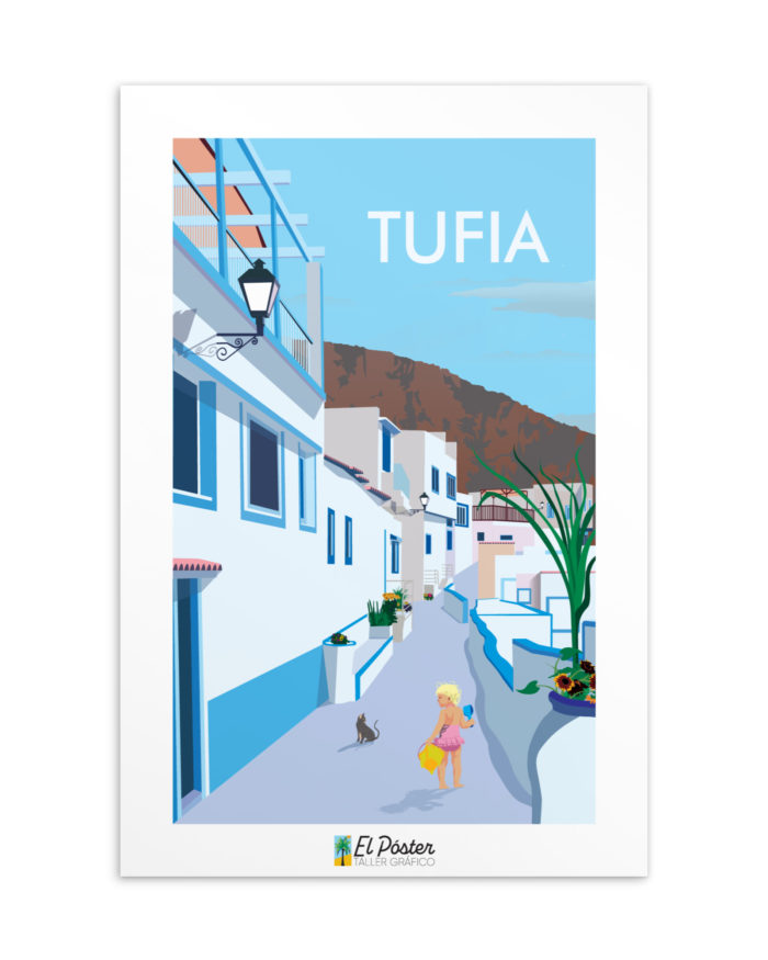 Tarjeta decorativa del pueblo blanco y azul de Tufia en Gran Canaria