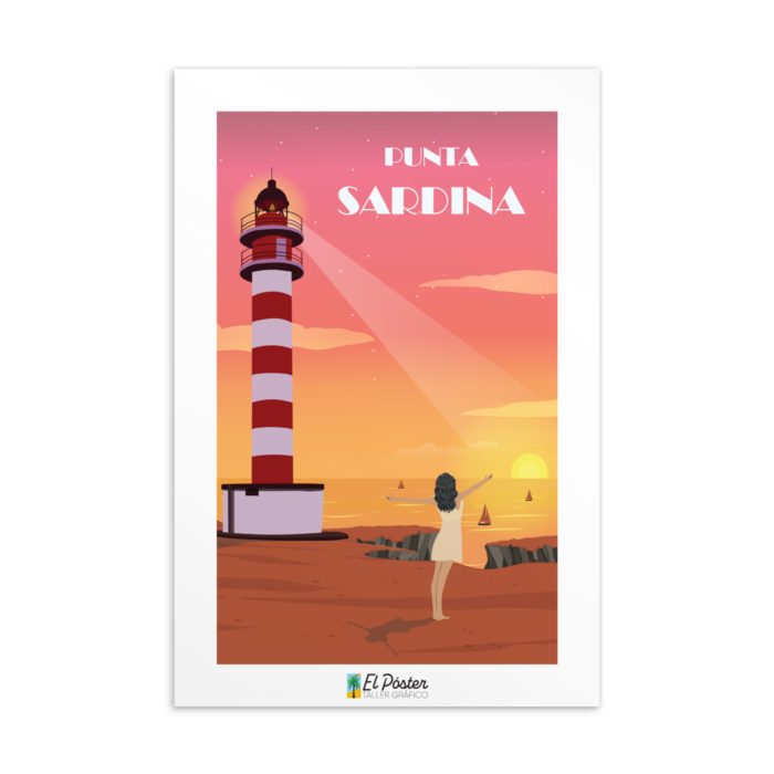 Tarjeta decorativa de Punta sardina faro de Gran canaria puesta de sol mar y barcos