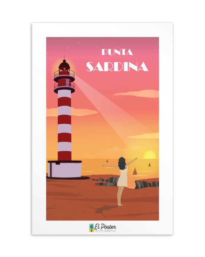 Tarjeta decorativa de Punta sardina faro de Gran canaria puesta de sol mar y barcos