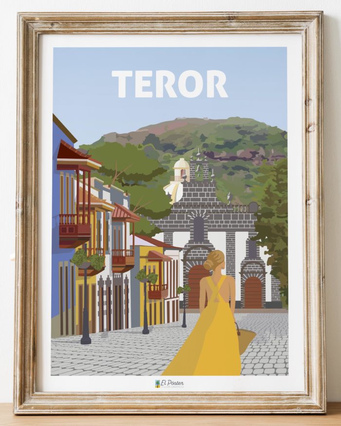 Cartel del pueblo de teror en Gran canaria mujer amarillo