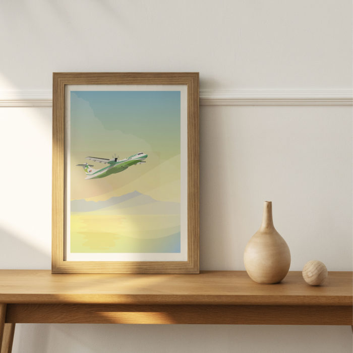 Poster vintage volar en Canarias avion Binter Teide mar puesta de sol