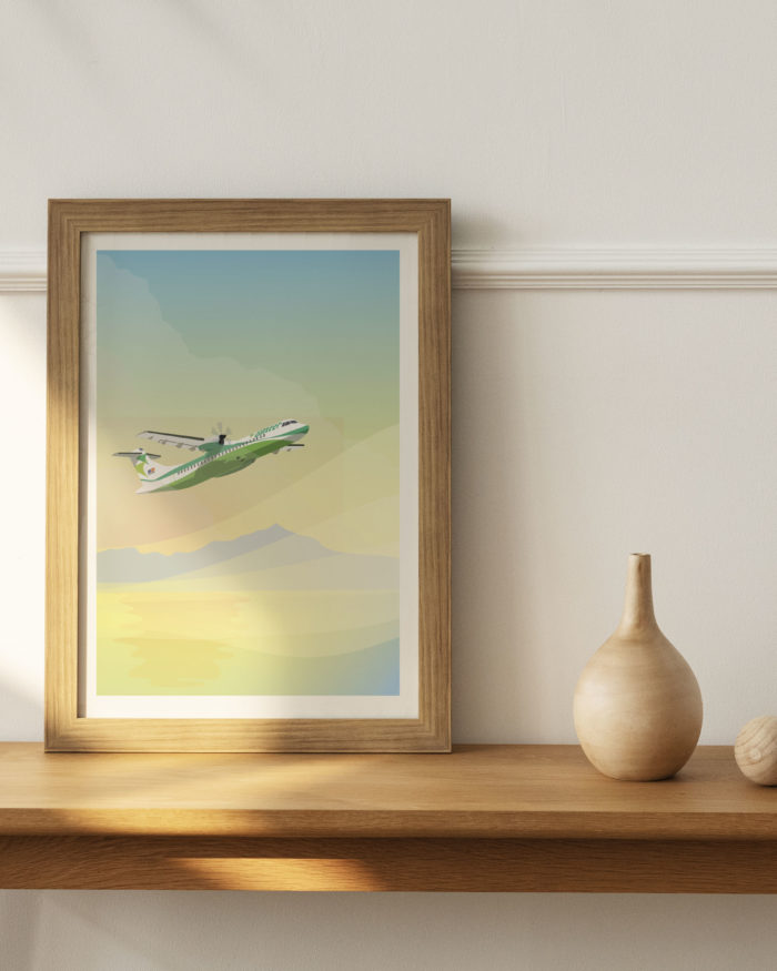 Poster vintage volar en Canarias avion Binter Teide mar puesta de sol