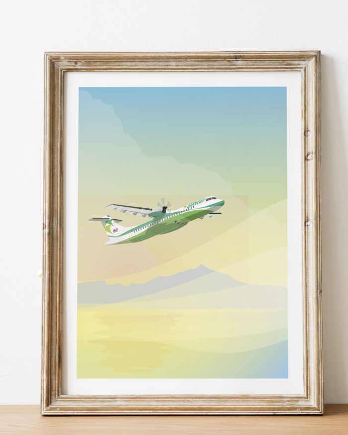 Poster vintage volar en Canarias avion Binter Teide mar puesta de sol