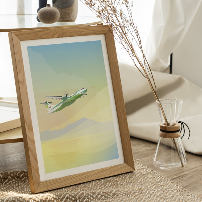 Poster vintage volar en Canarias avion Binter Teide mar puesta de sol