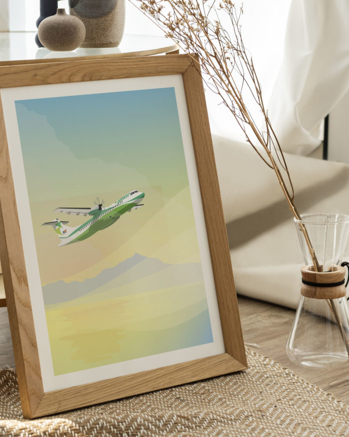 Poster vintage volar en Canarias avion Binter Teide mar puesta de sol