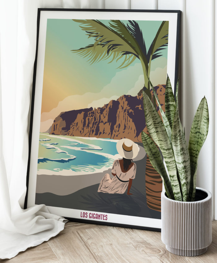 Poster vintage Los gigantes falaises à Tenerife islas canarias puesta de sol mar playa