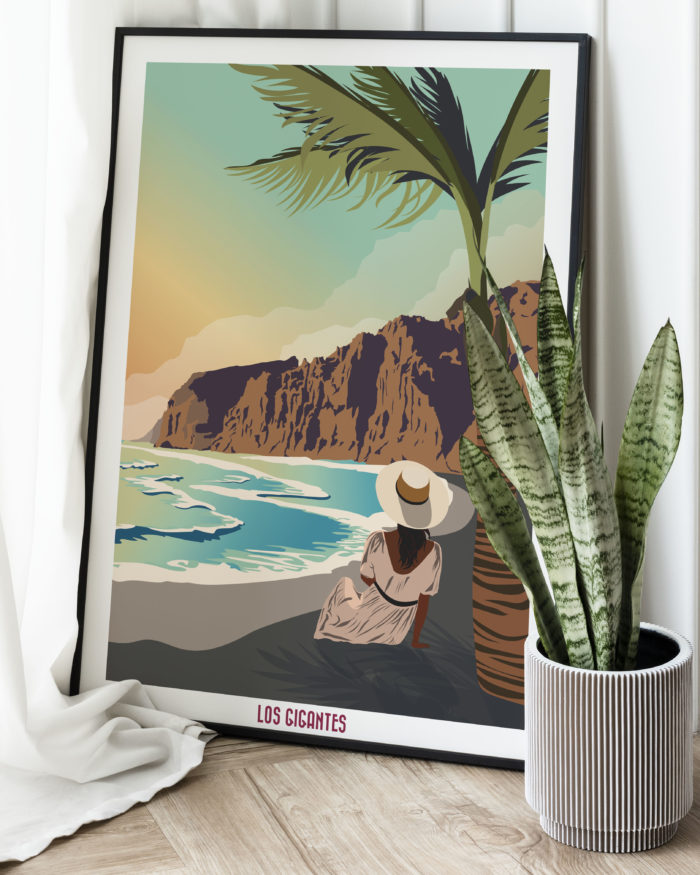 Poster vintage Los gigantes falaises à Tenerife islas canarias puesta de sol mar playa