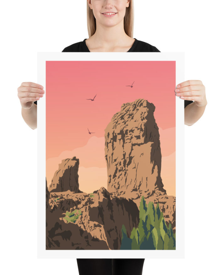 Poster vintage roque Nublo puesta de sol montana las palmas gran canaria rosa lamina