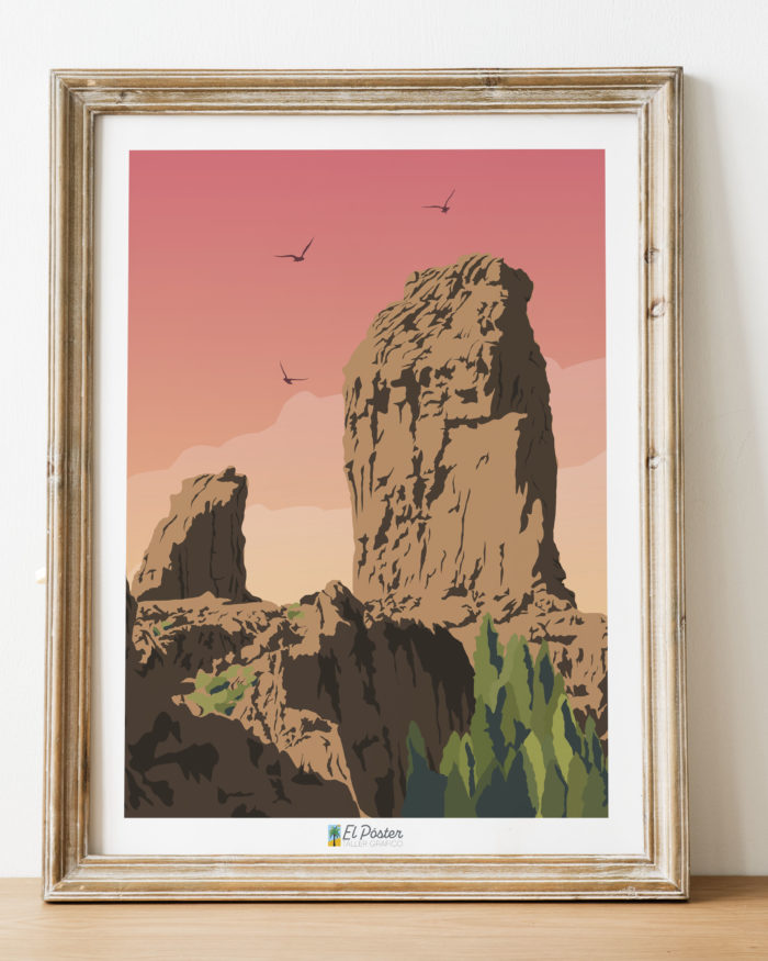 Poster vintage roque Nublo puesta de sol montana las palmas gran canaria rosa lamina