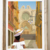 Lamina vintage calle de Tarragona y catedral catalona