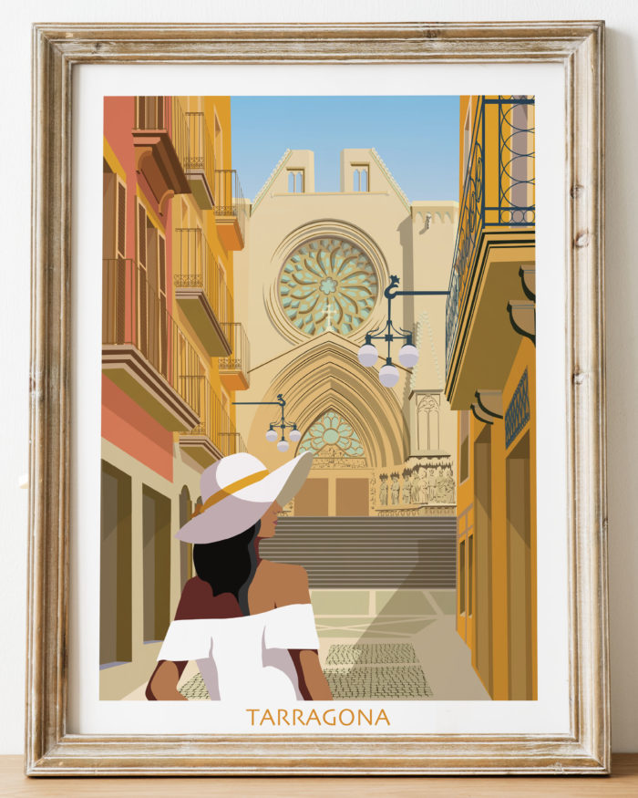 Lamina vintage calle de Tarragona y catedral catalona